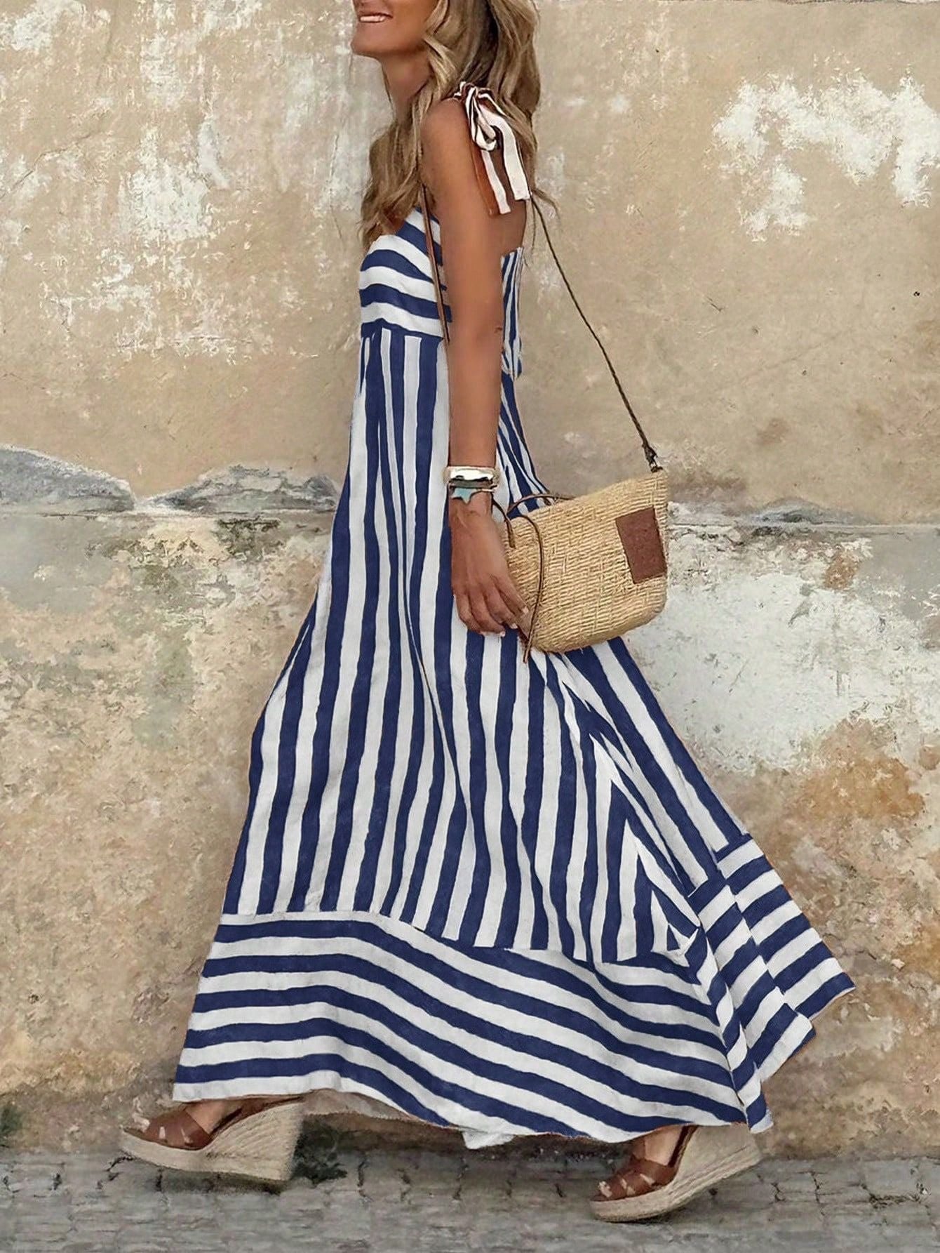 Women's Flowy Striped Maxi Dress with Adjustable Spaghetti Straps