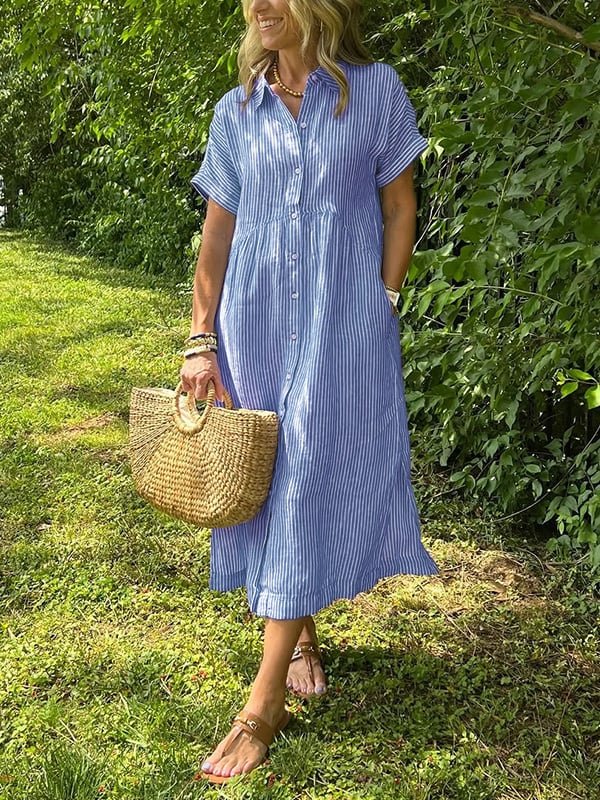 Women's Short-Sleeve Striped Midi Shirt Dress