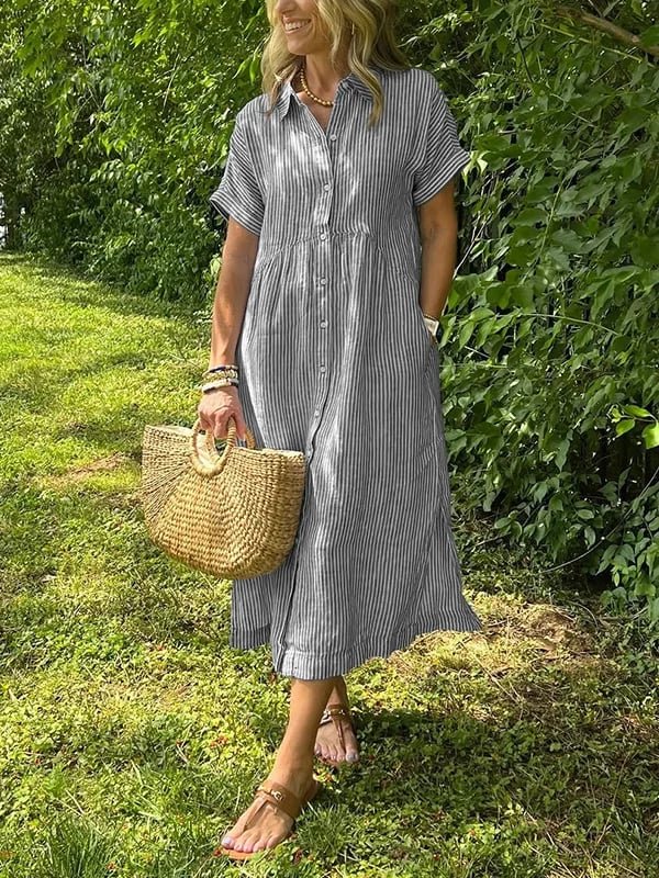 Women's Short-Sleeve Striped Midi Shirt Dress