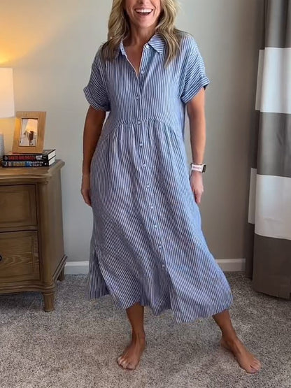 Women's Short-Sleeve Striped Midi Shirt Dress