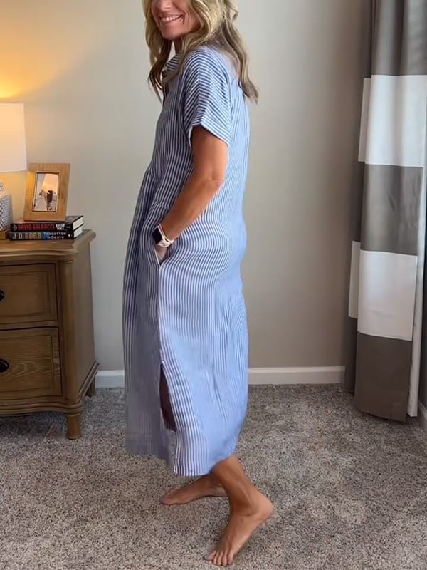 Women's Short-Sleeve Striped Midi Shirt Dress