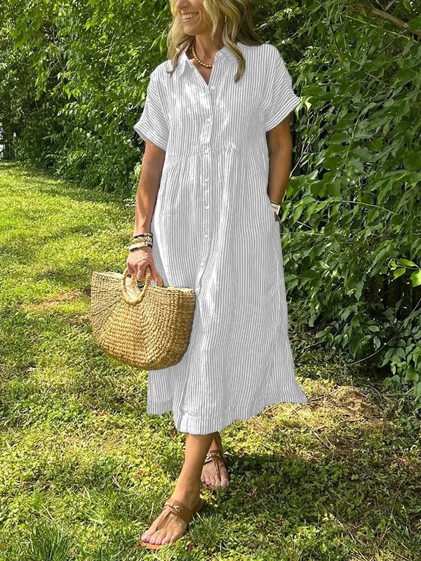 Women's Short-Sleeve Striped Midi Shirt Dress