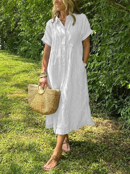 Women's Short-Sleeve Striped Midi Shirt Dress