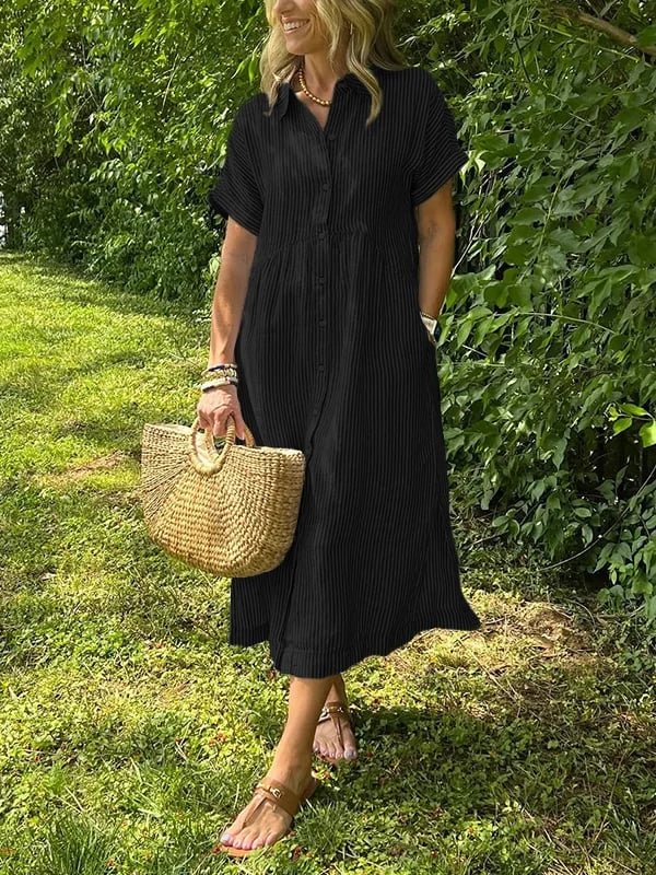 Women's Short-Sleeve Striped Midi Shirt Dress