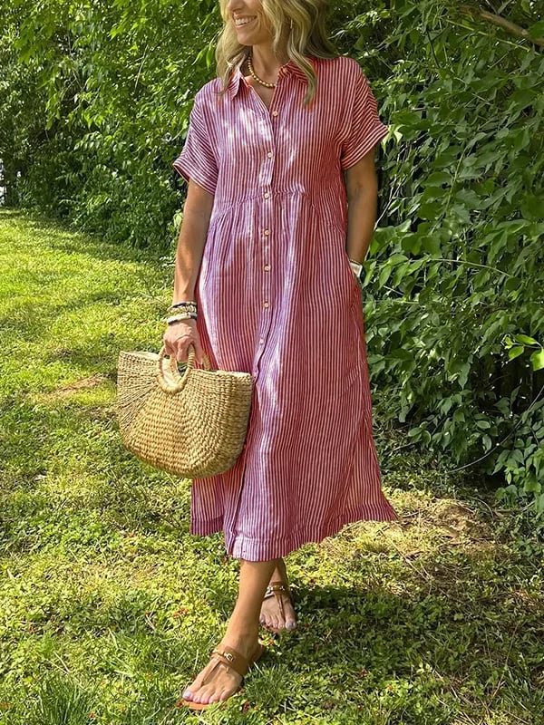 Women's Short-Sleeve Striped Midi Shirt Dress