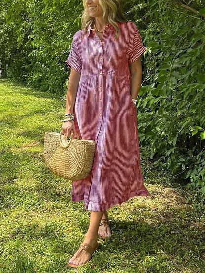 Women's Short-Sleeve Striped Midi Shirt Dress