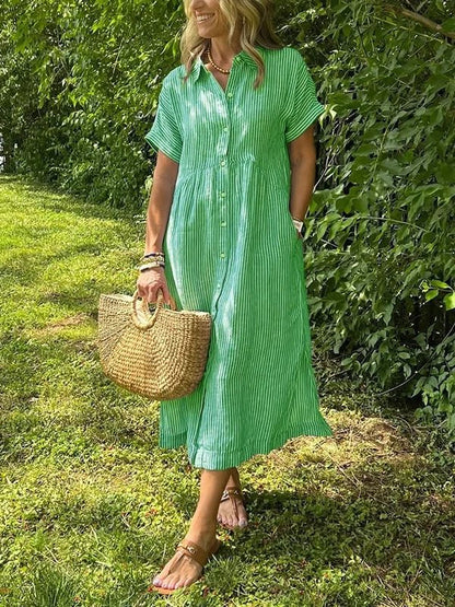 Women's Short-Sleeve Striped Midi Shirt Dress