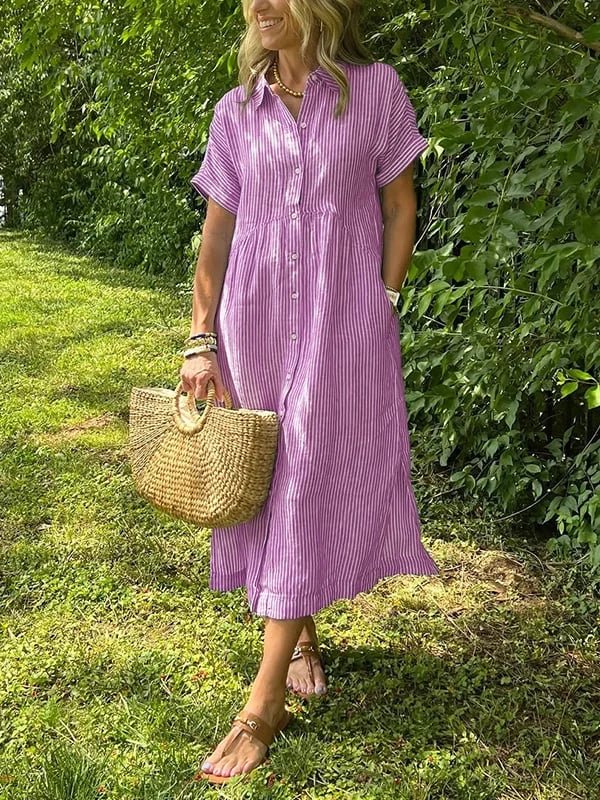 Women's Short-Sleeve Striped Midi Shirt Dress