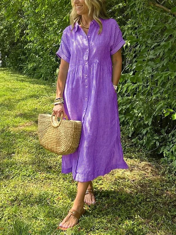 Women's Short-Sleeve Striped Midi Shirt Dress