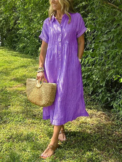 Women's Short-Sleeve Striped Midi Shirt Dress