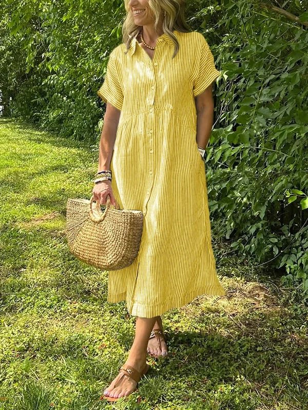 Women's Short-Sleeve Striped Midi Shirt Dress