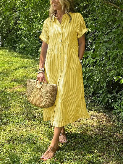 Women's Short-Sleeve Striped Midi Shirt Dress