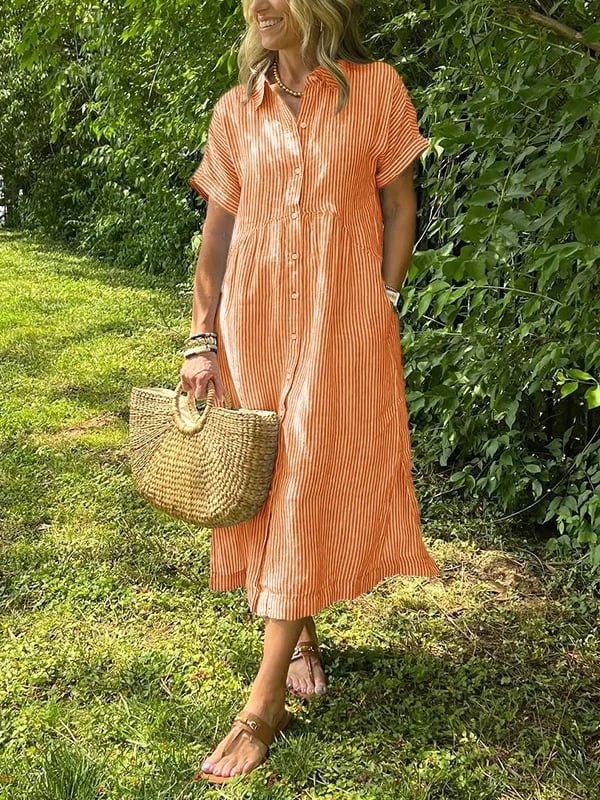 Women's Short-Sleeve Striped Midi Shirt Dress