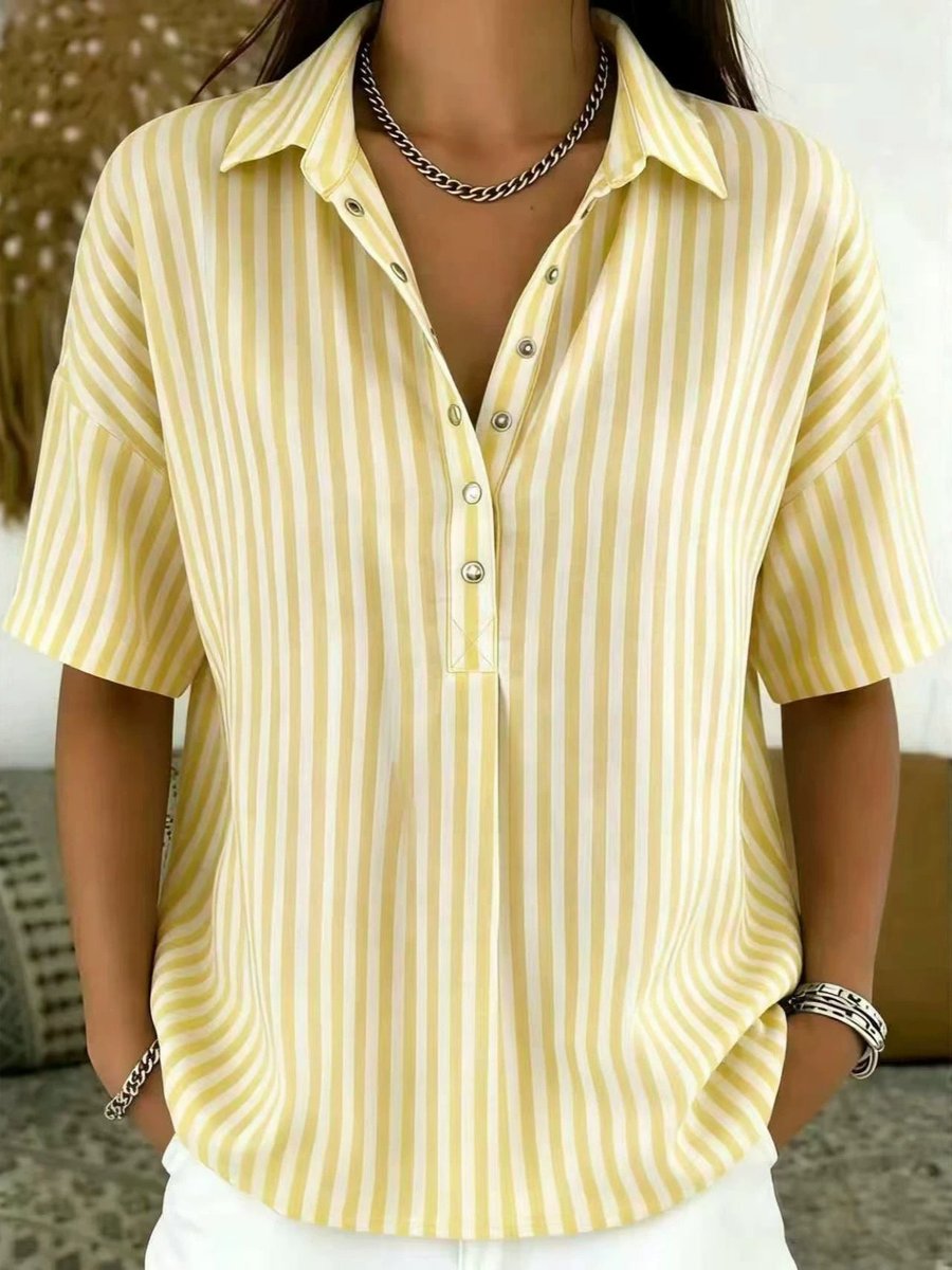 Women's Collared Short-Sleeve Striped Blouse in Loose Fit