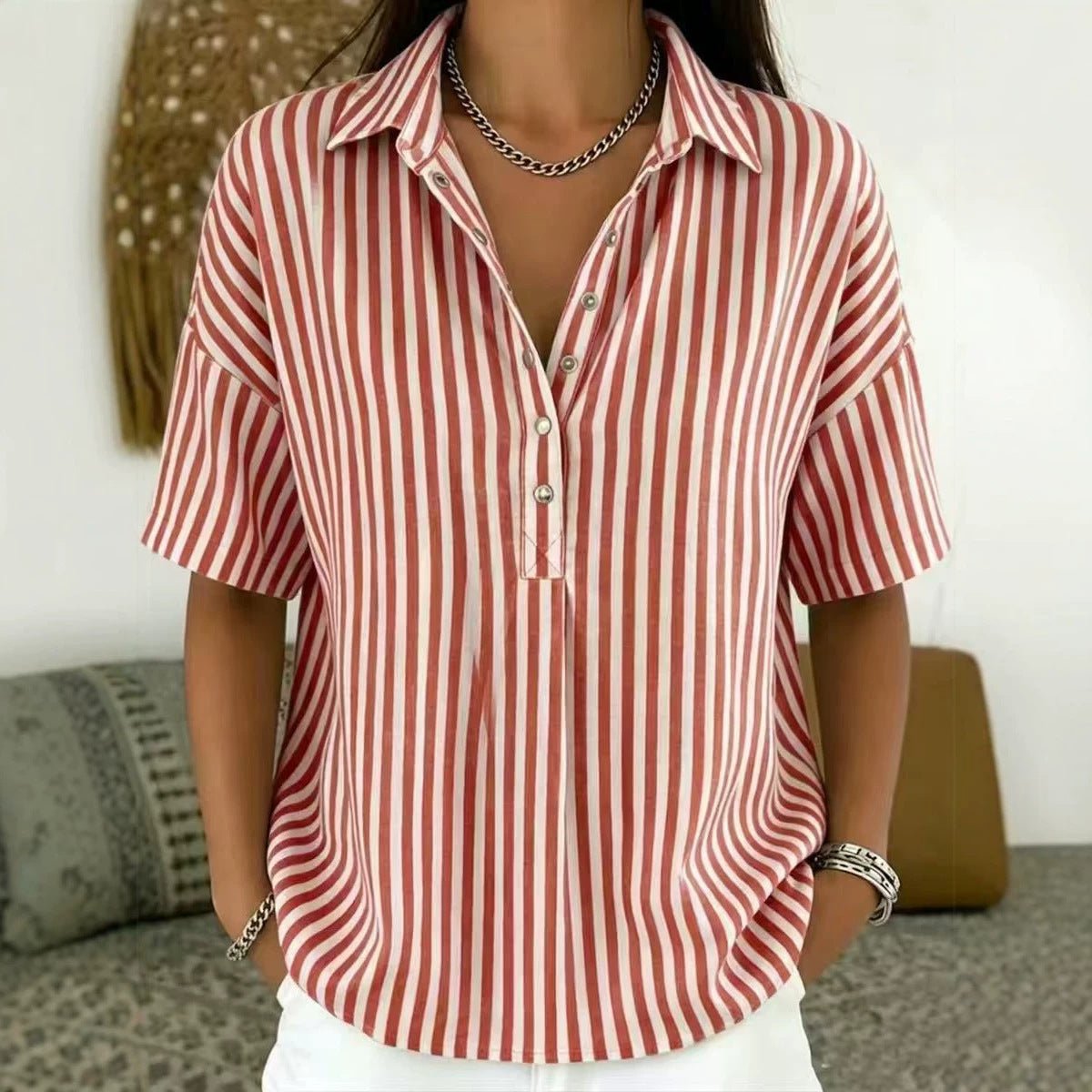 Women's Collared Short-Sleeve Striped Blouse in Loose Fit