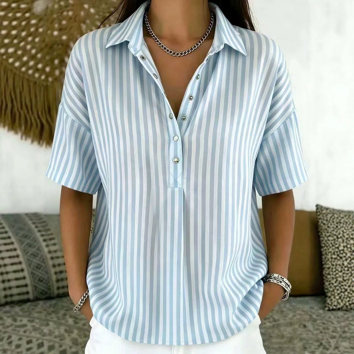 Women's Collared Short-Sleeve Striped Blouse in Loose Fit