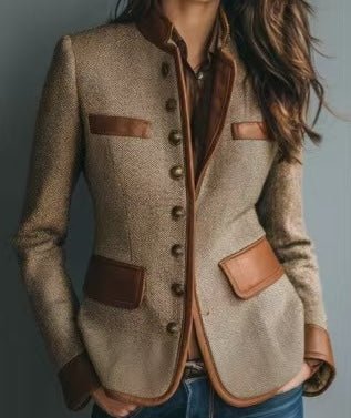 Women's Fitted Tweed Button Blazer with Faux-Leather Trim
