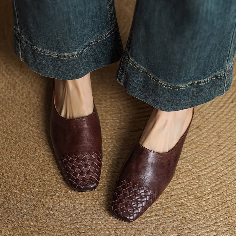 Women's Square-Toe Woven Leather Low-Heel Mules