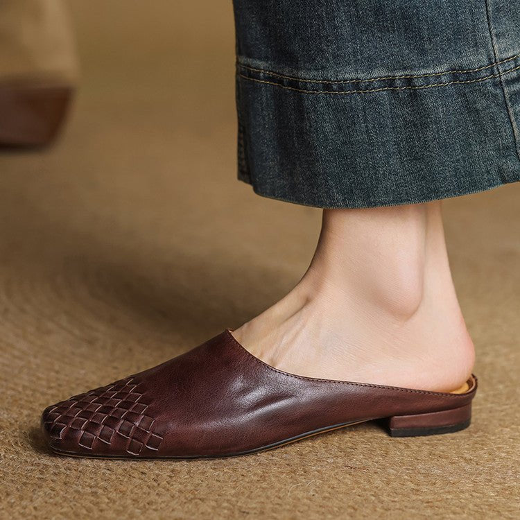 Women's Square-Toe Woven Leather Low-Heel Mules