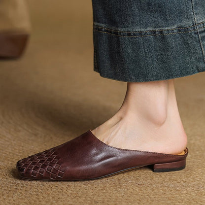 Women's Square-Toe Woven Leather Low-Heel Mules