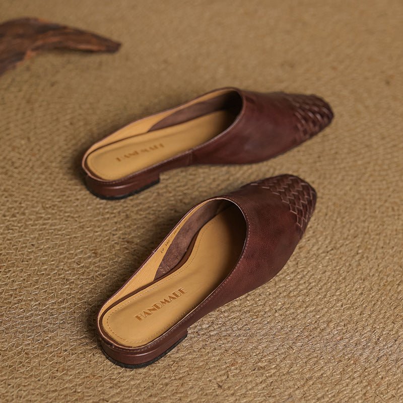 Women's Square-Toe Woven Leather Low-Heel Mules