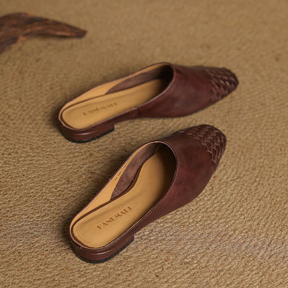 Women's Square-Toe Woven Leather Low-Heel Mules