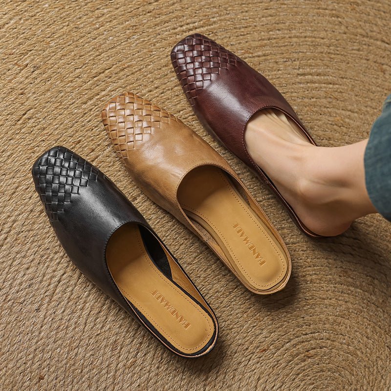 Women's Square-Toe Woven Leather Low-Heel Mules
