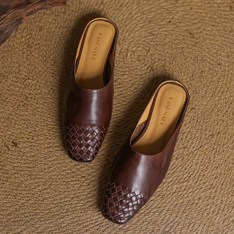 Women's Square-Toe Woven Leather Low-Heel Mules