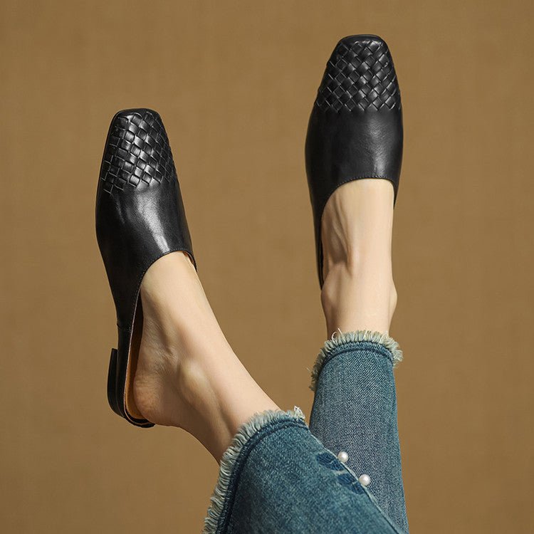 Women's Square-Toe Woven Leather Low-Heel Mules