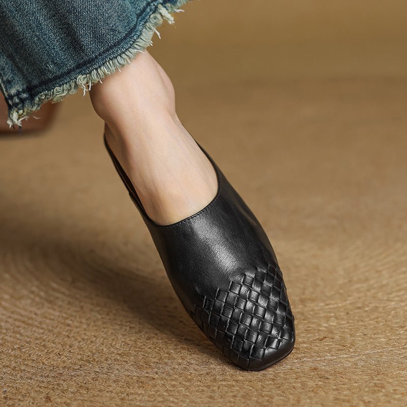 Women's Square-Toe Woven Leather Low-Heel Mules