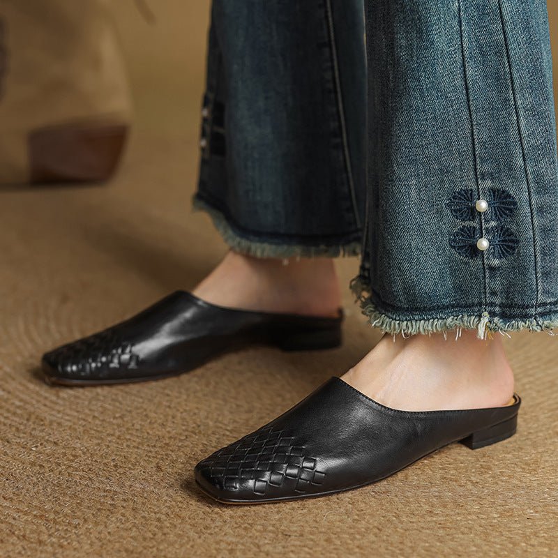 Women's Square-Toe Woven Leather Low-Heel Mules