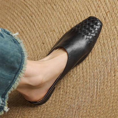 Women's Square-Toe Woven Leather Low-Heel Mules