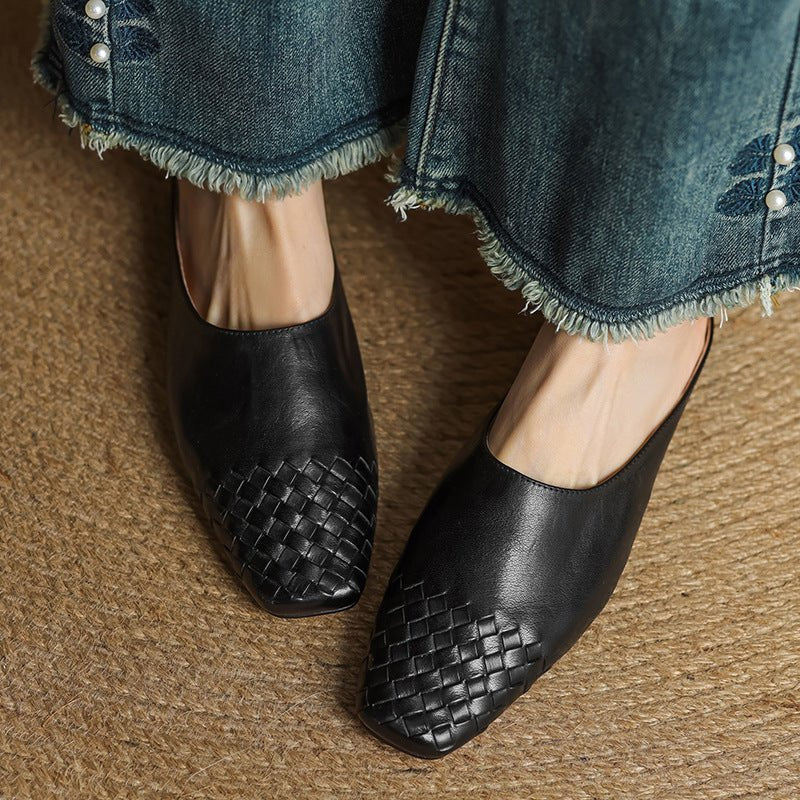 Women's Square-Toe Woven Leather Low-Heel Mules