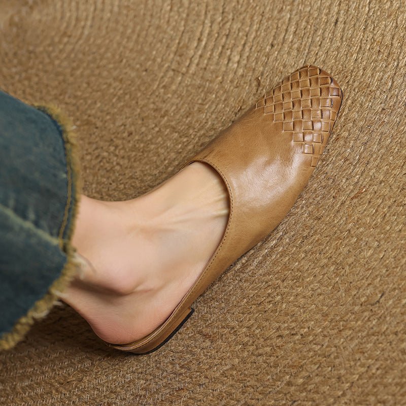 Women's Square-Toe Woven Leather Low-Heel Mules