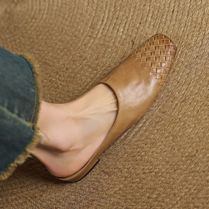 Women's Square-Toe Woven Leather Low-Heel Mules