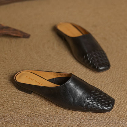 Women's Square-Toe Woven Leather Low-Heel Mules
