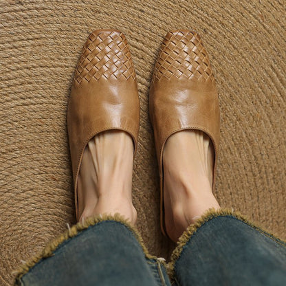 Women's Square-Toe Woven Leather Low-Heel Mules