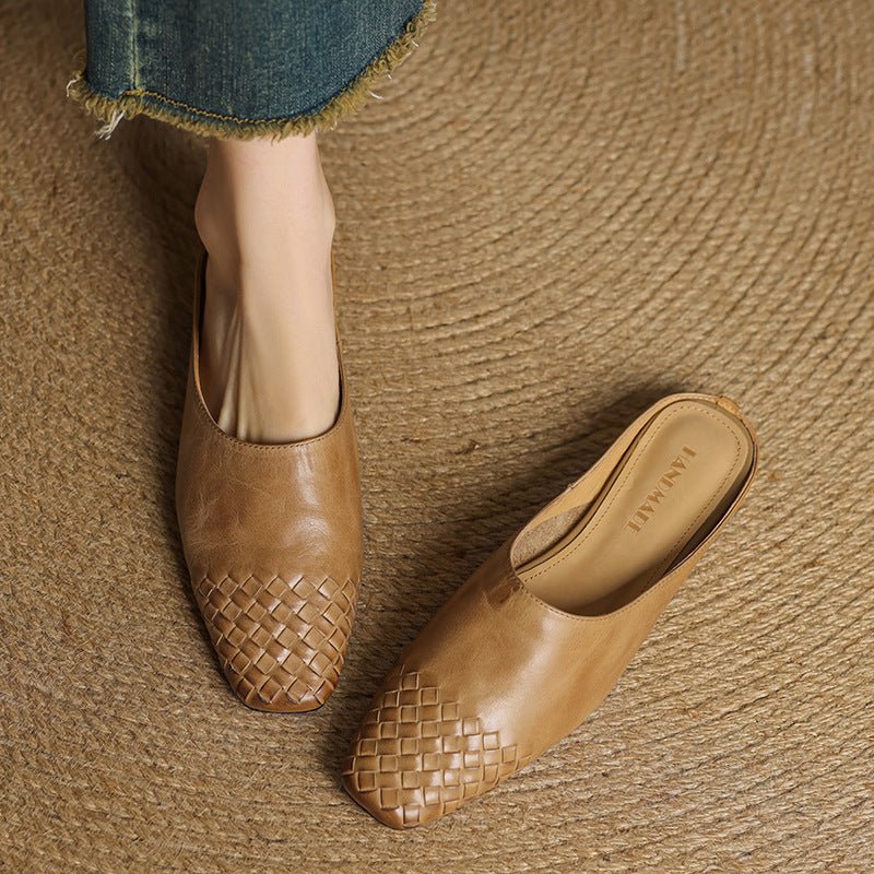 Women's Square-Toe Woven Leather Low-Heel Mules
