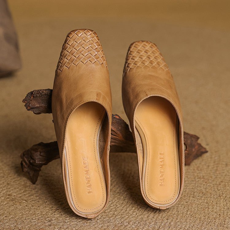 Women's Square-Toe Woven Leather Low-Heel Mules