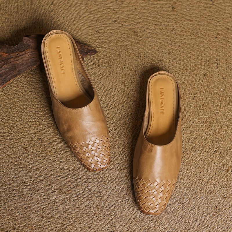 Women's Square-Toe Woven Leather Low-Heel Mules