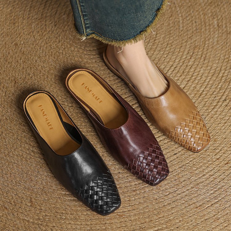 Women's Square-Toe Woven Leather Low-Heel Mules