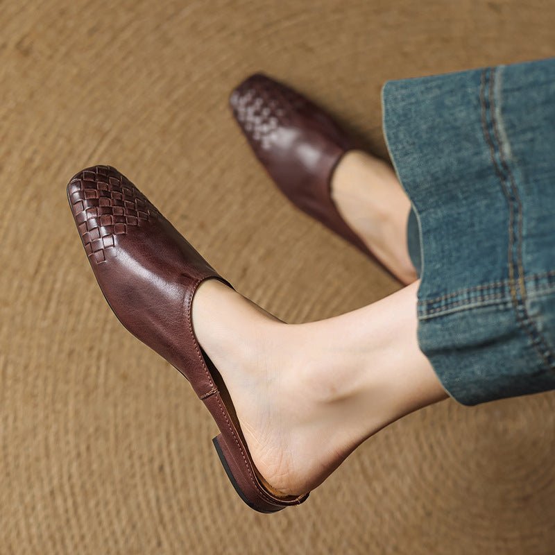 Women's Square-Toe Woven Leather Low-Heel Mules