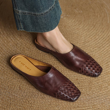 Women's Square-Toe Woven Leather Low-Heel Mules