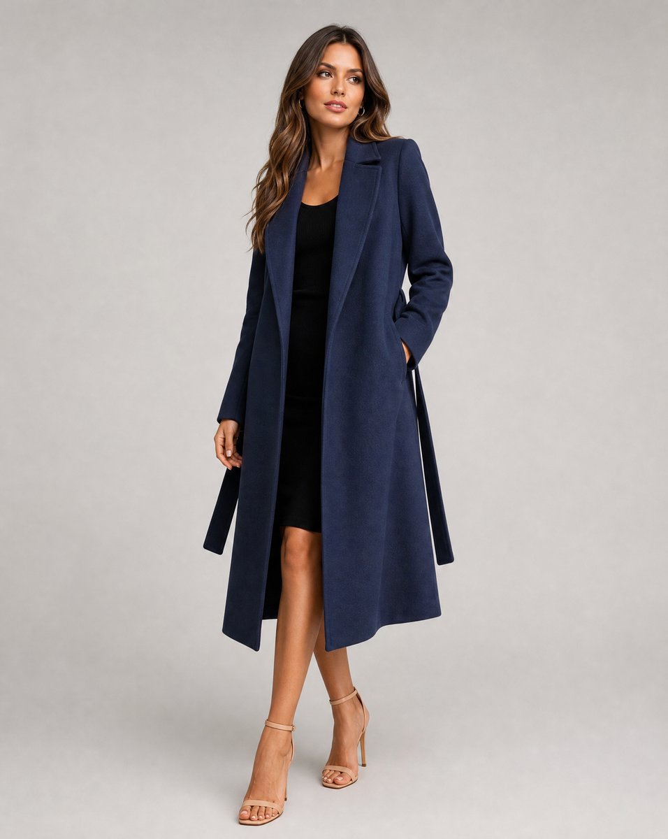 Women's Longline Quilted Wool Trench Coat with Waist Belt