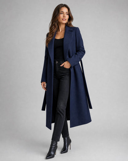 Women's Longline Quilted Wool Trench Coat with Waist Belt