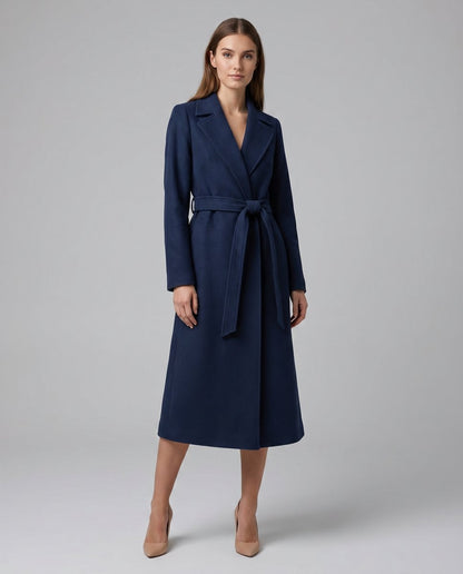 Women's Longline Quilted Wool Trench Coat with Waist Belt