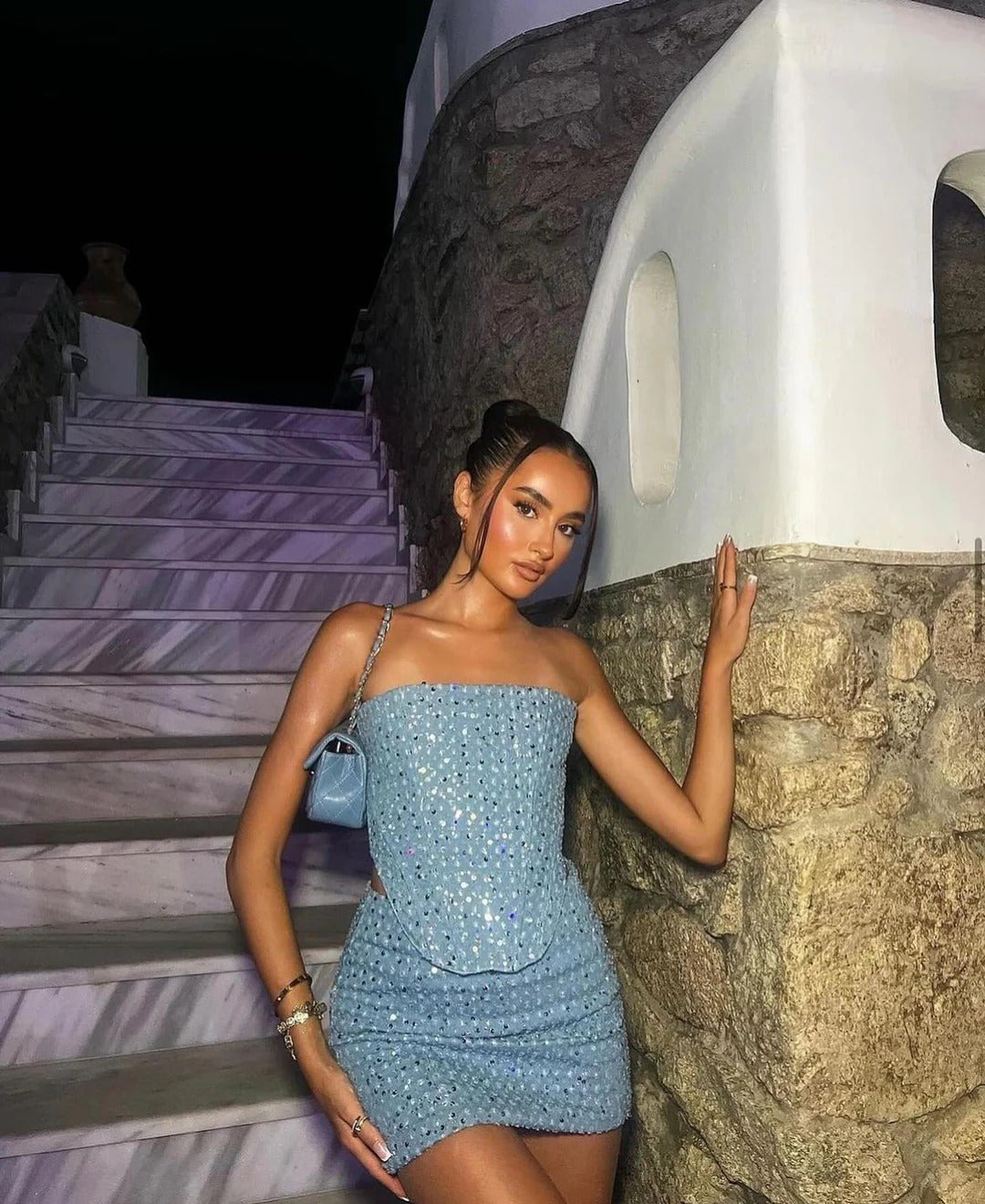 Women's Sequin Denim Strapless Top and Mini Skirt Set