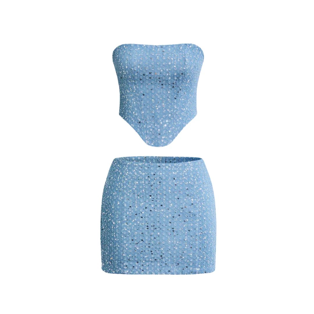 Women's Sequin Denim Strapless Top and Mini Skirt Set