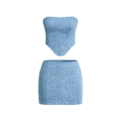 Women's Sequin Denim Strapless Top and Mini Skirt Set