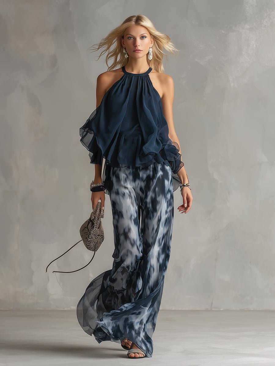 Women's Two-Piece Ruffled Halter Top and Wide-Leg Pants Set